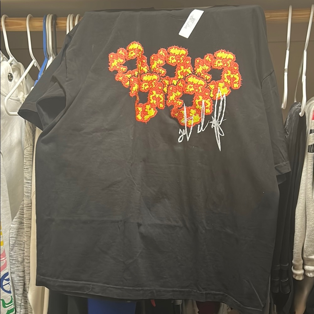 Black T-Shirt with Red and Orange Floral Design - Picture 1 of 5